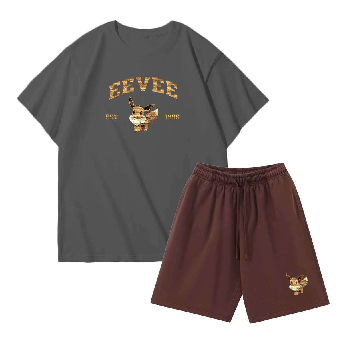 EEVEE Custom Embroidered Pokémon T-shirt & Shorts Set – Cute Anime Design,Perfect for Pajamas,Loungewear,Casual Outings,Commuting,and Summer Gift for Friends,TS-07
