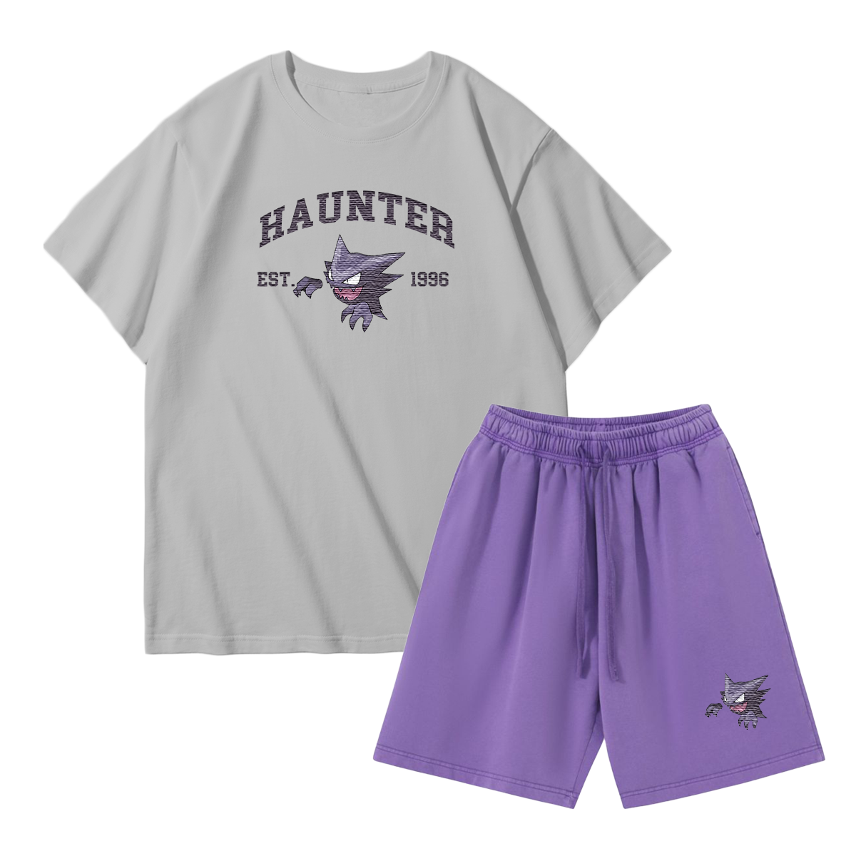 HAUNTER Custom Embroidered Pokémon T-shirt & Shorts Set – Cute Anime Design,Perfect for Pajamas,Loungewear,Casual Outings,Commuting,and Summer Gift for Friends,TS-09