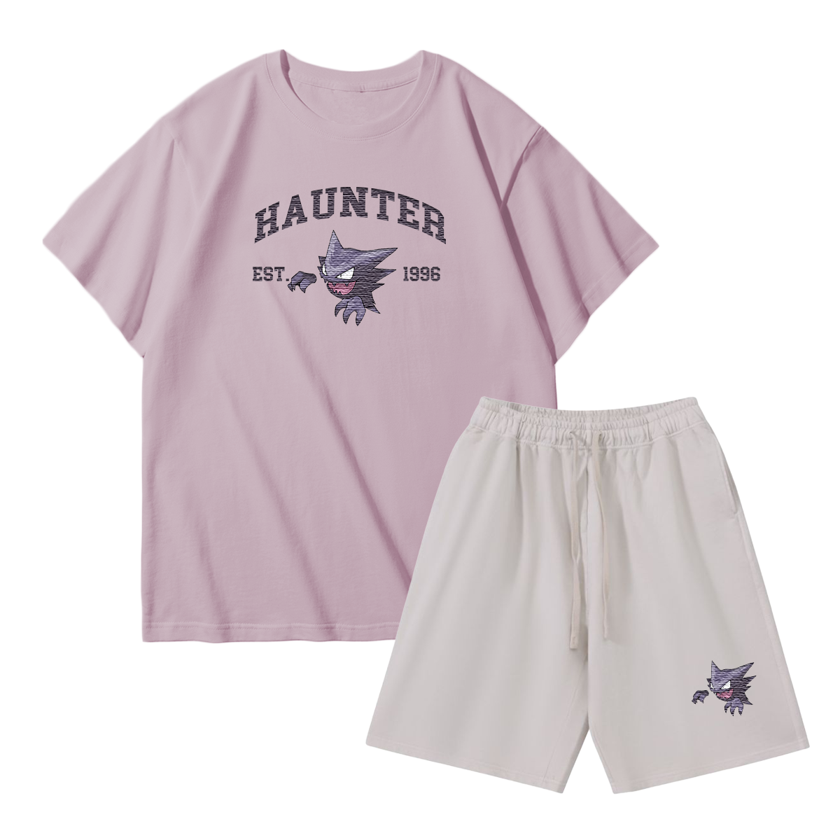 HAUNTER Custom Embroidered Pokémon T-shirt & Shorts Set – Cute Anime Design,Perfect for Pajamas,Loungewear,Casual Outings,Commuting,and Summer Gift for Friends,TS-09