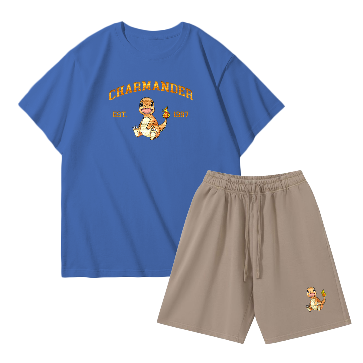 CHARMANDER Custom Embroidered Pokémon T-shirt & Shorts Set – Cute Anime Design,Perfect for Pajamas,Loungewear,Casual Outings,Commuting,and Summer Gift for Friends,TS-03
