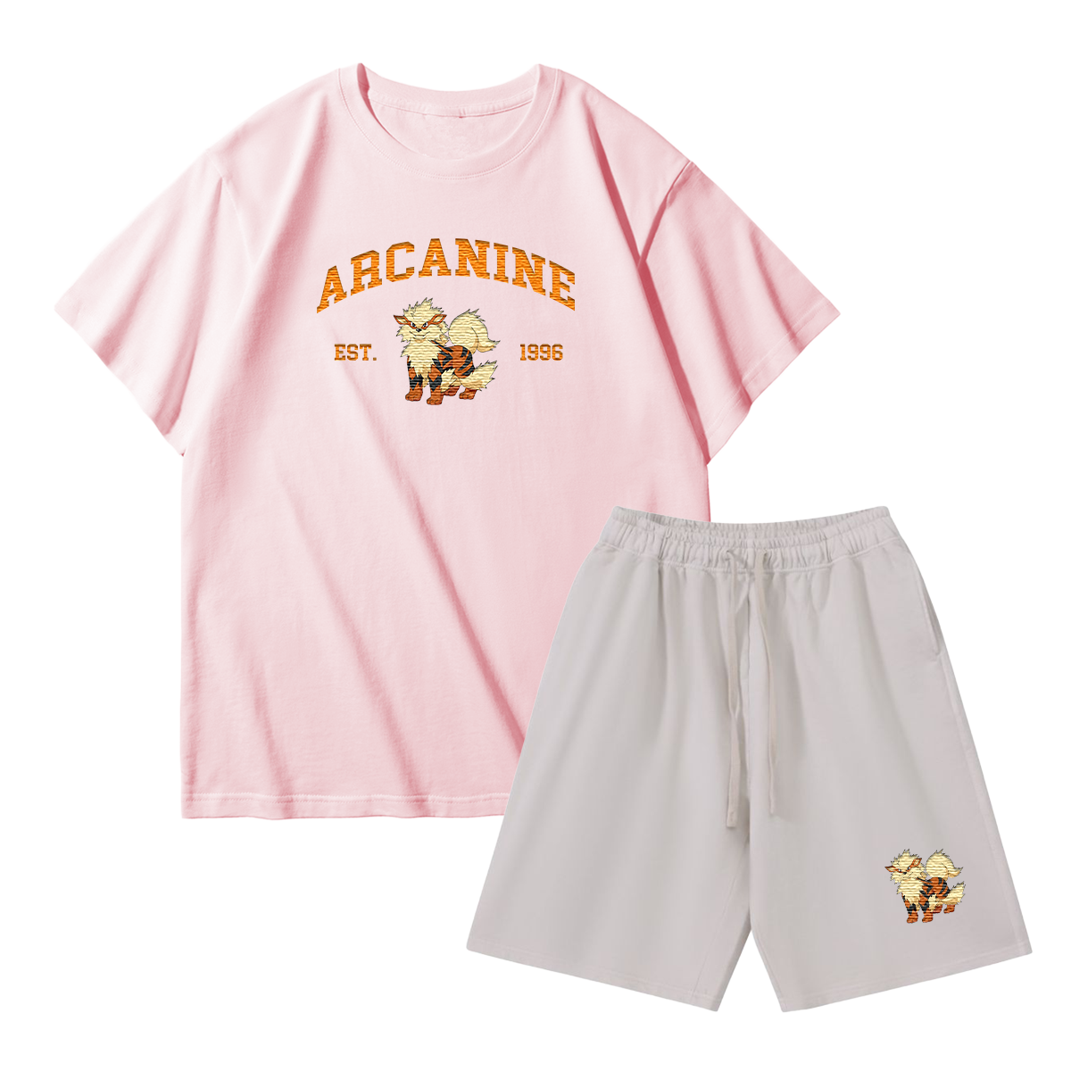 ARCANINE Custom Embroidered Pokémon T-shirt & Shorts Set – Cute Anime Design,Perfect for Pajamas,Loungewear,Casual Outings,Commuting,and Summer Gift for Friends,TS-05