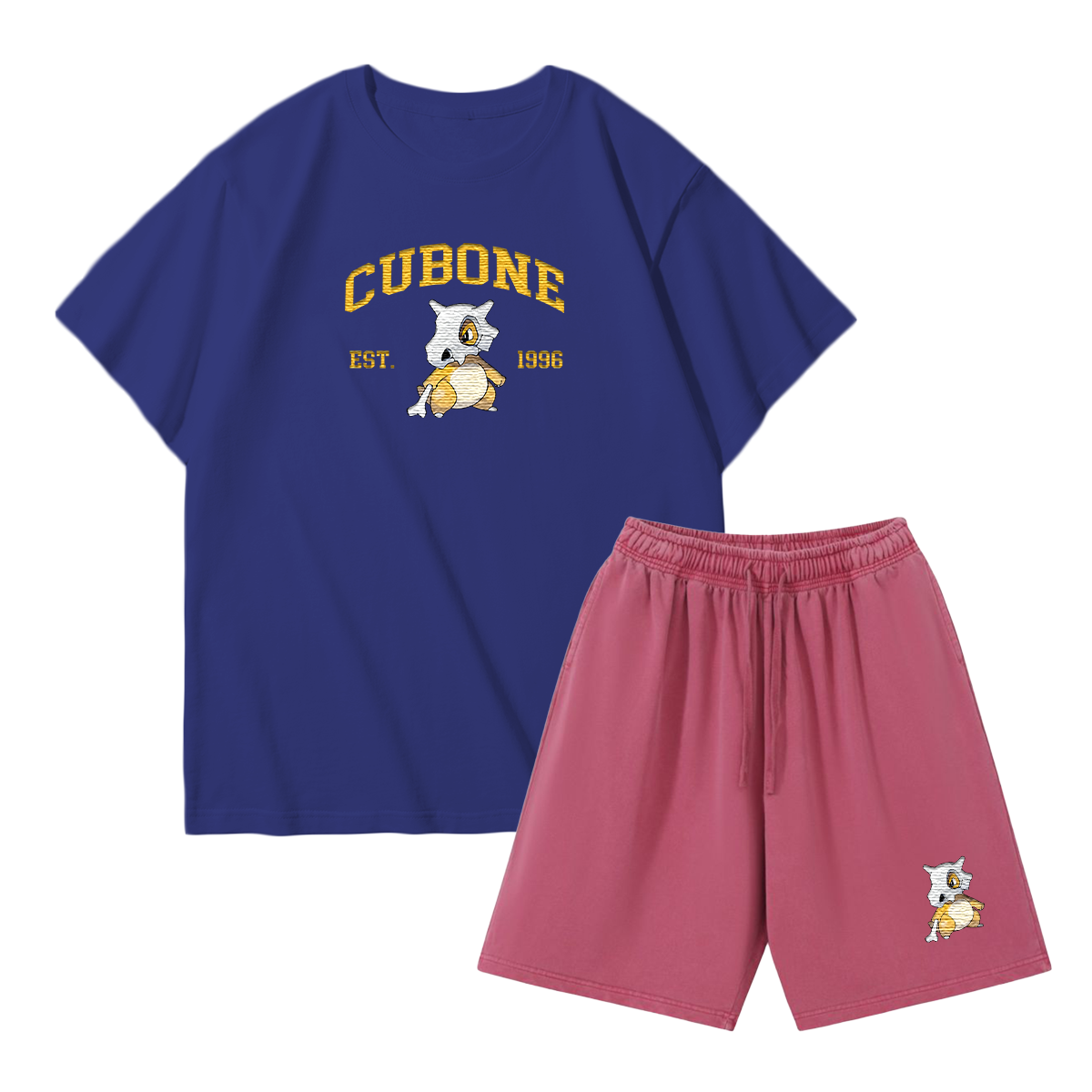 CUBONE Custom Embroidered Pokémon T-shirt & Shorts Set – Cute Anime Design,Perfect for Pajamas,Loungewear,Casual Outings,Commuting,and Summer Gift for Friends,TS-04