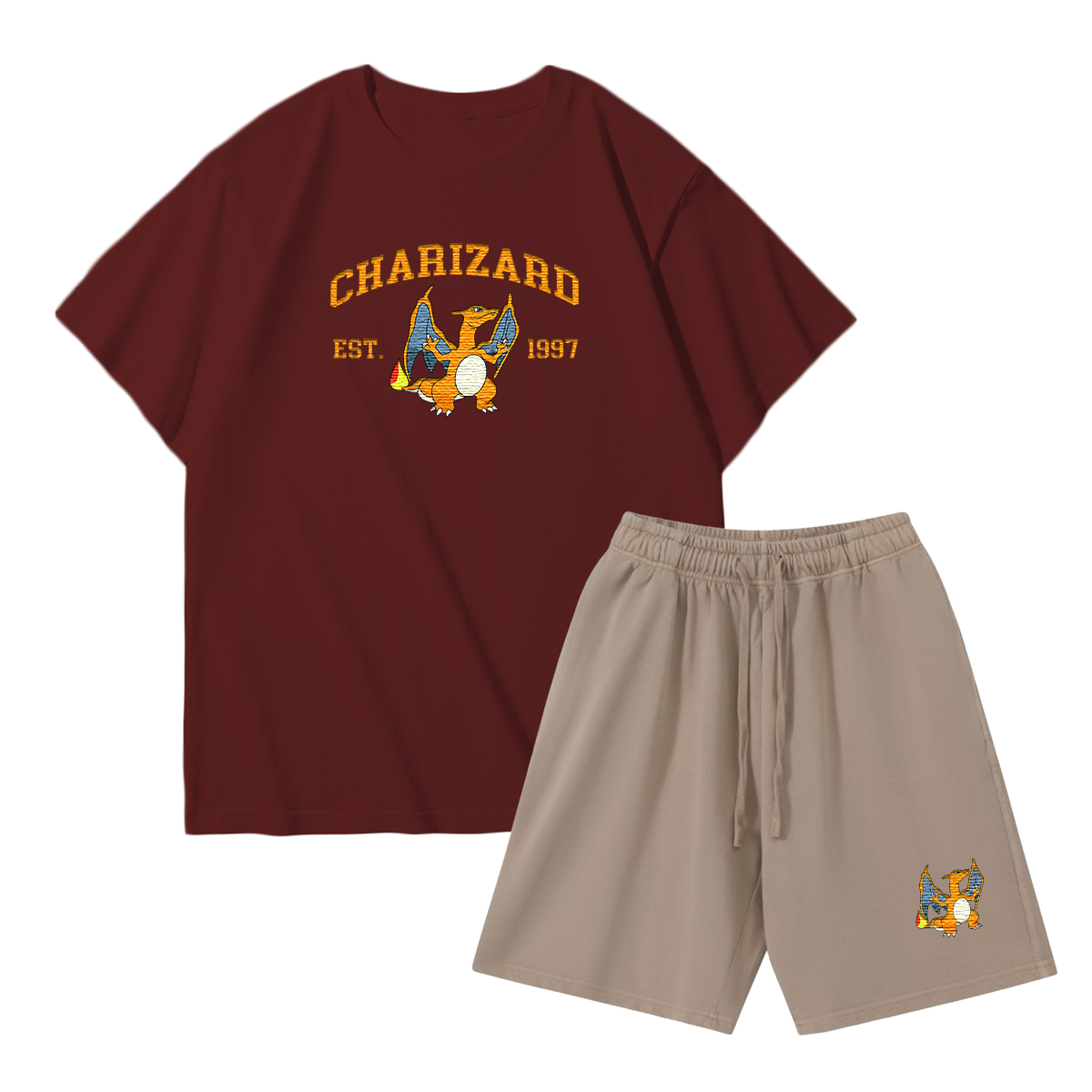CHARIZARD Custom Embroidered Pokémon T-shirt & Shorts Set – Cute Anime Design,Perfect for Pajamas,Loungewear,Casual Outings,Commuting,and Summer Gift for Friends,TS-02