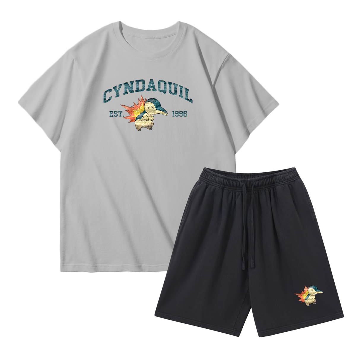 CYNDAQUIL Custom Embroidered Pokémon T-shirt & Shorts Set – Cute Anime Design,Perfect for Pajamas,Loungewear,Casual Outings,Commuting,and Summer Gift for Friends,TS-06