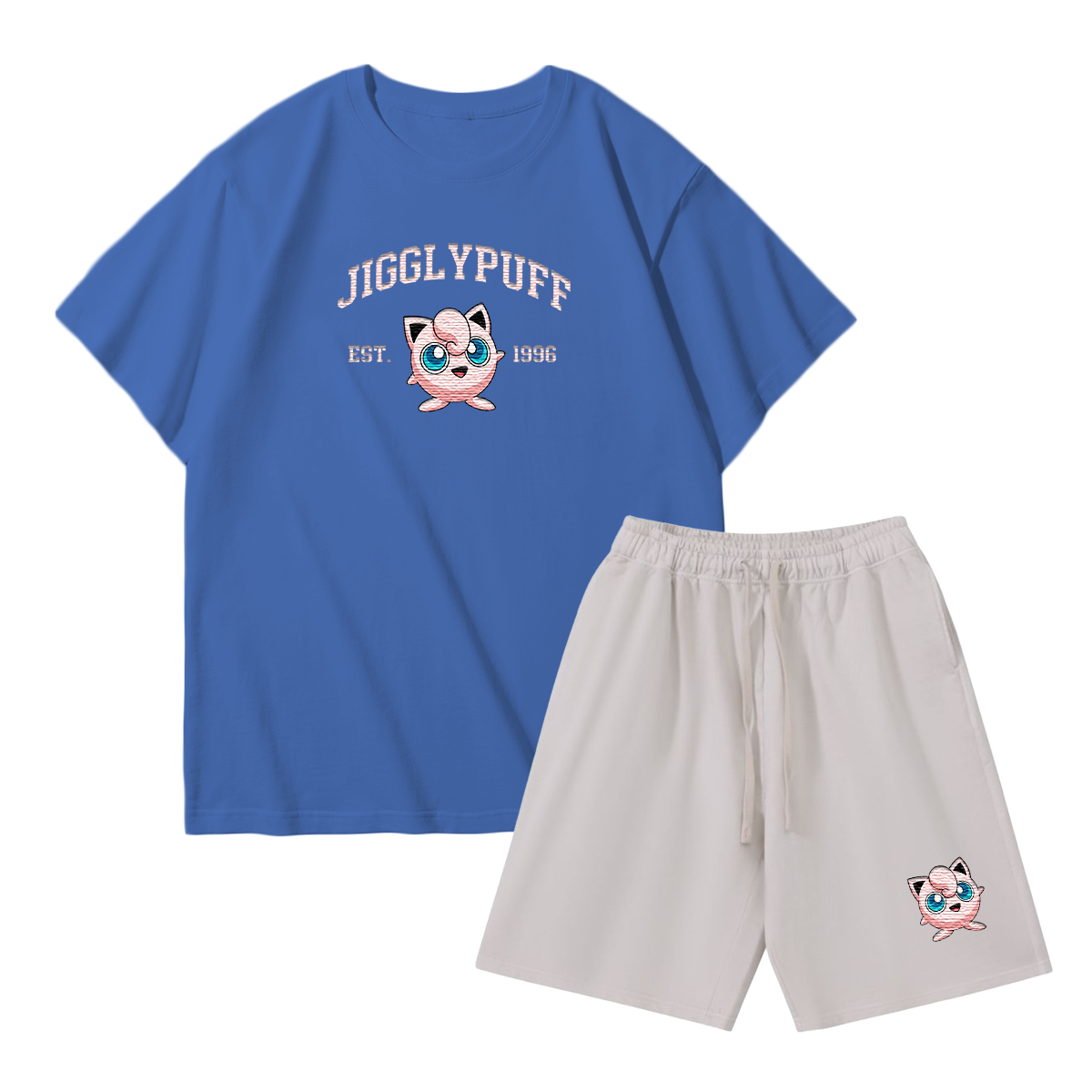 JIGGLYPUFF Custom Embroidered Pokémon T-shirt & Shorts Set – Cute Anime Design,Perfect for Pajamas,Loungewear,Casual Outings,Commuting,and Summer Gift for Friends,TS-10