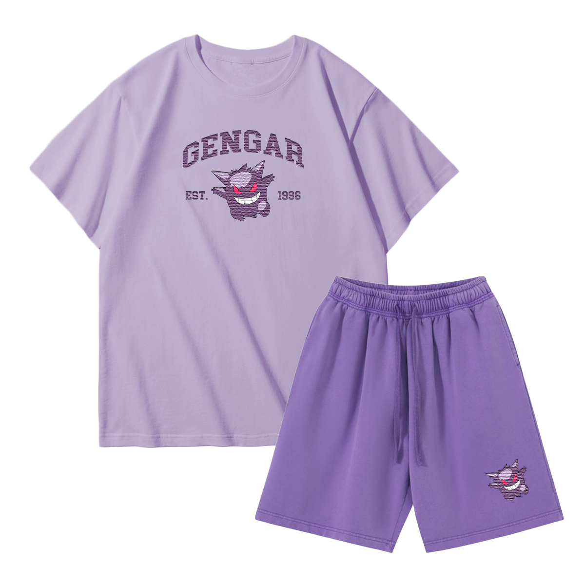 GENGAR Custom Embroidered Pokémon T-shirt & Shorts Set – Cute Anime Design,Perfect for Pajamas,Loungewear,Casual Outings,Commuting,and Summer Gift for Friends,TS-08