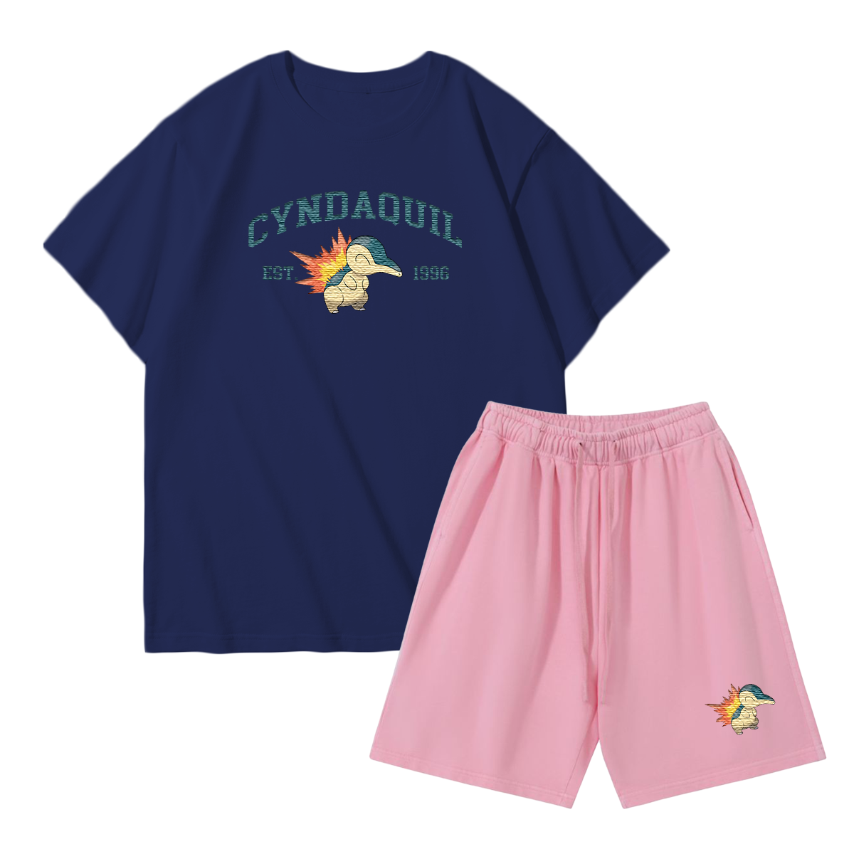 CYNDAQUIL Custom Embroidered Pokémon T-shirt & Shorts Set – Cute Anime Design,Perfect for Pajamas,Loungewear,Casual Outings,Commuting,and Summer Gift for Friends,TS-06