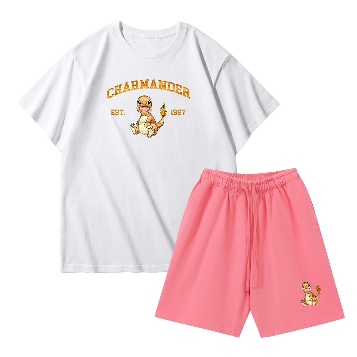CHARMANDER Custom Embroidered Pokémon T-shirt & Shorts Set – Cute Anime Design,Perfect for Pajamas,Loungewear,Casual Outings,Commuting,and Summer Gift for Friends,TS-03