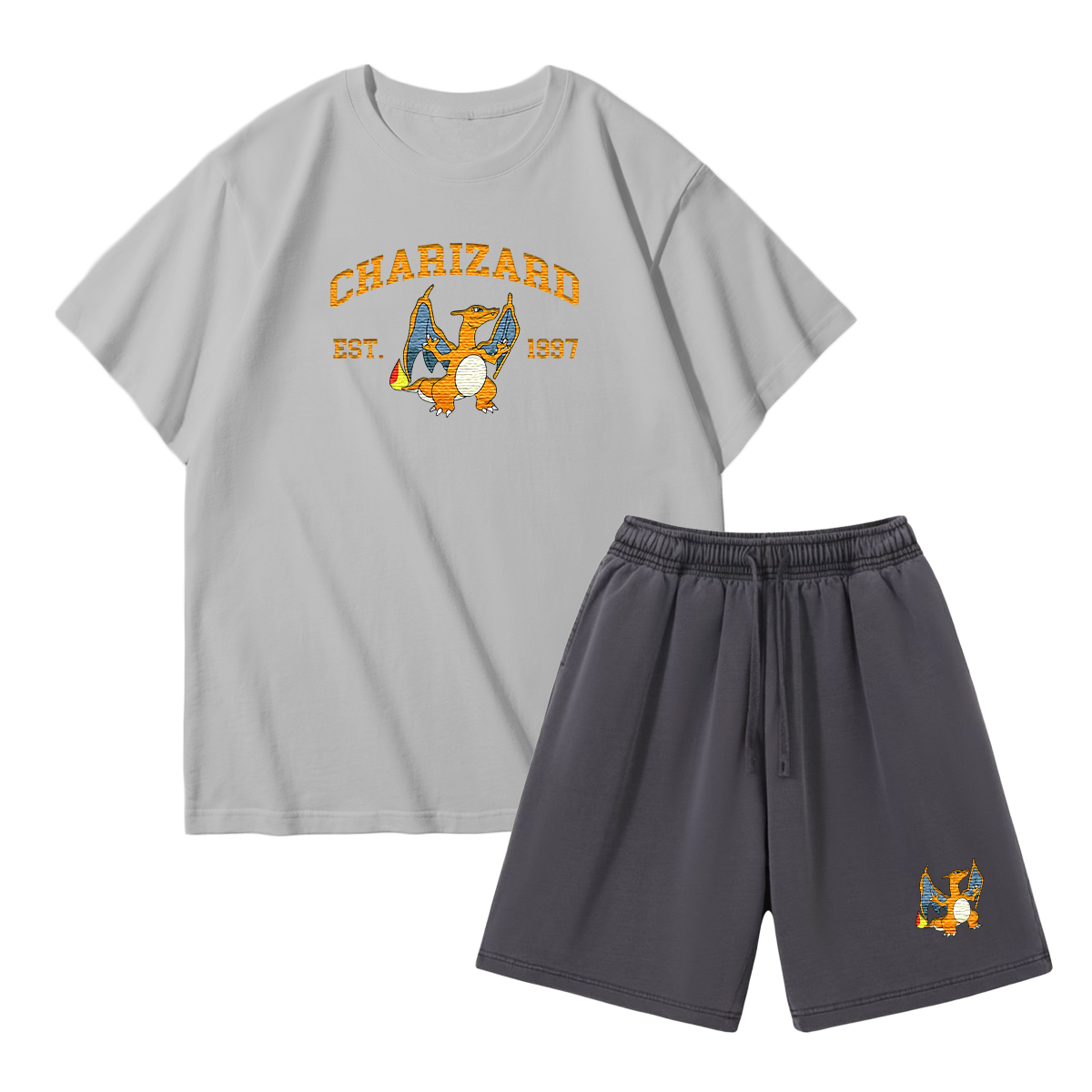 CHARIZARD Custom Embroidered Pokémon T-shirt & Shorts Set – Cute Anime Design,Perfect for Pajamas,Loungewear,Casual Outings,Commuting,and Summer Gift for Friends,TS-02
