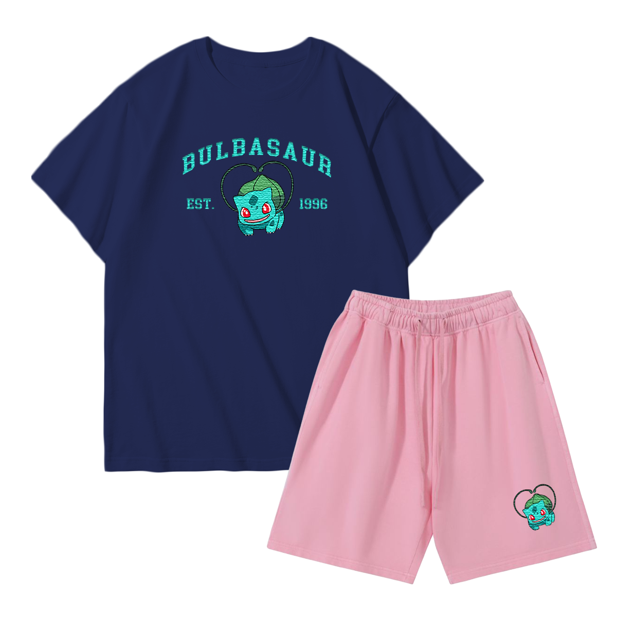 BULBASAUR Custom Embroidered Pokémon T-shirt & Shorts Set – Cute Anime Design,Perfect for Pajamas,Loungewear,Casual Outings,Commuting,and Summer Gift for Friends,TS-01