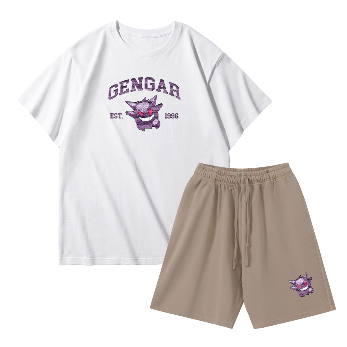 GENGAR Custom Embroidered Pokémon T-shirt & Shorts Set – Cute Anime Design,Perfect for Pajamas,Loungewear,Casual Outings,Commuting,and Summer Gift for Friends,TS-08