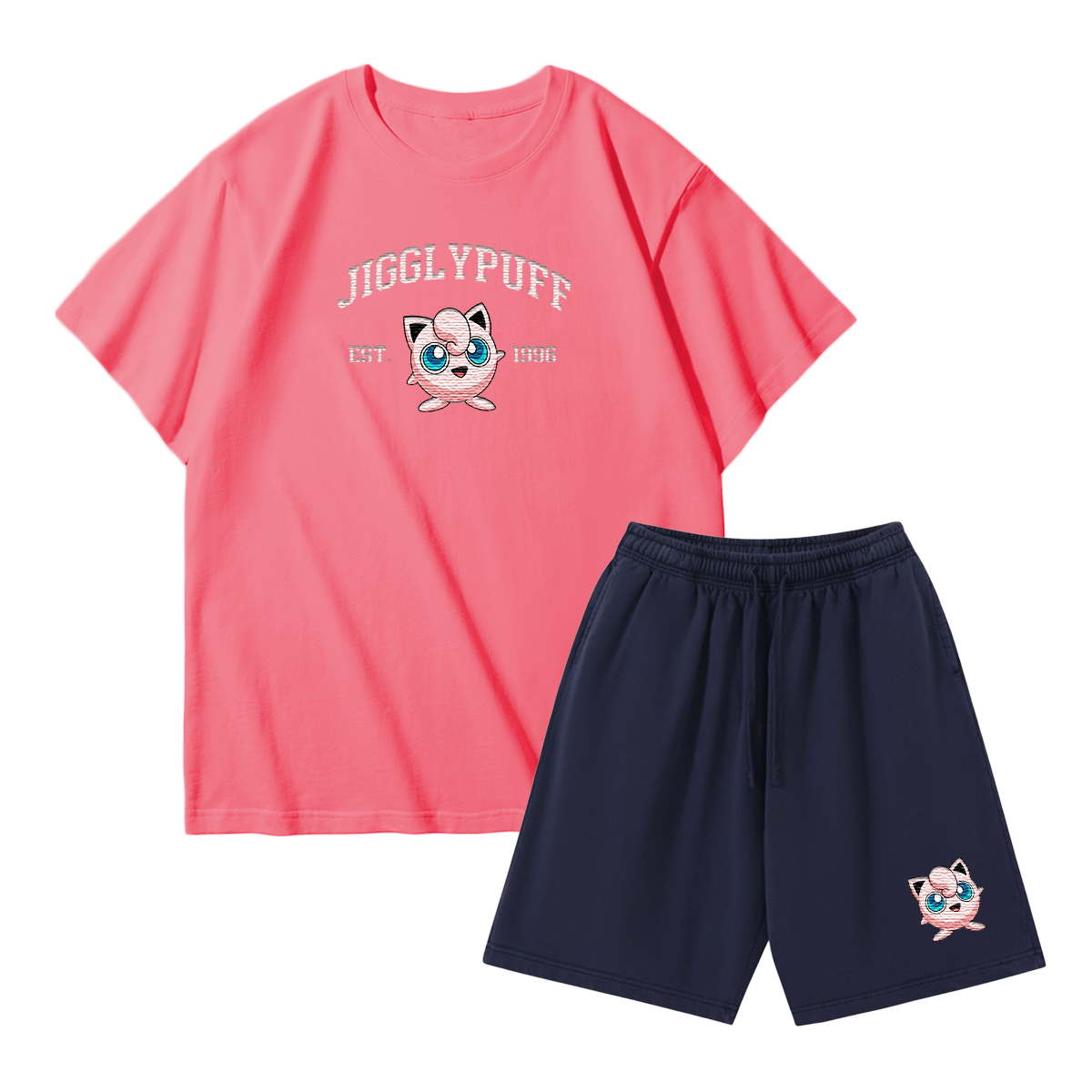JIGGLYPUFF Custom Embroidered Pokémon T-shirt & Shorts Set – Cute Anime Design,Perfect for Pajamas,Loungewear,Casual Outings,Commuting,and Summer Gift for Friends,TS-10