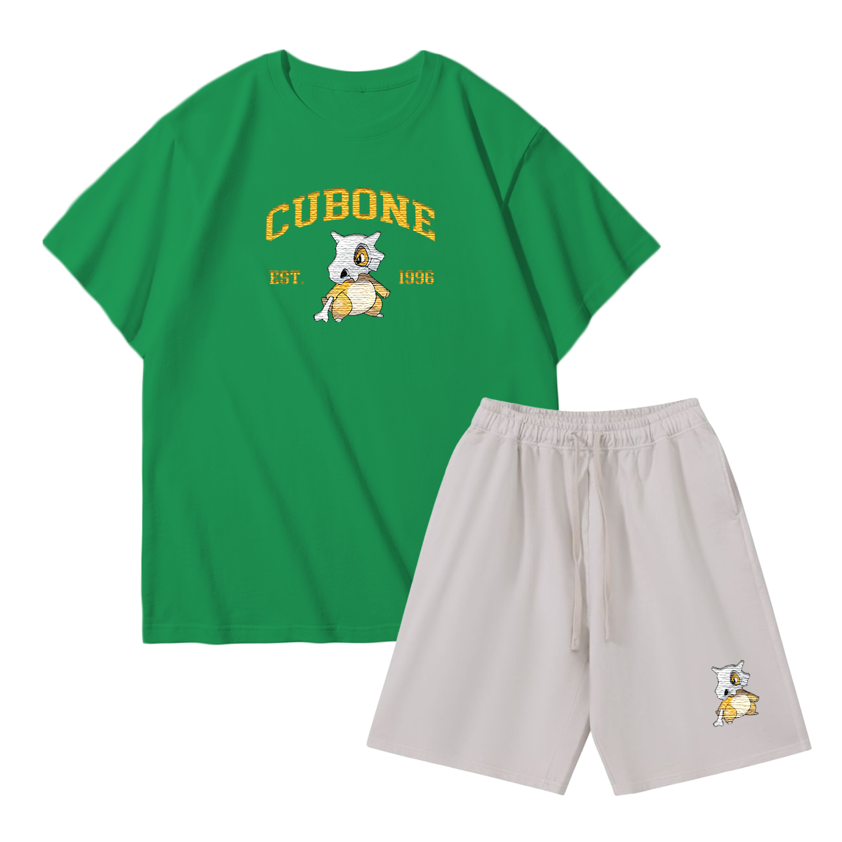 CUBONE Custom Embroidered Pokémon T-shirt & Shorts Set – Cute Anime Design,Perfect for Pajamas,Loungewear,Casual Outings,Commuting,and Summer Gift for Friends,TS-04