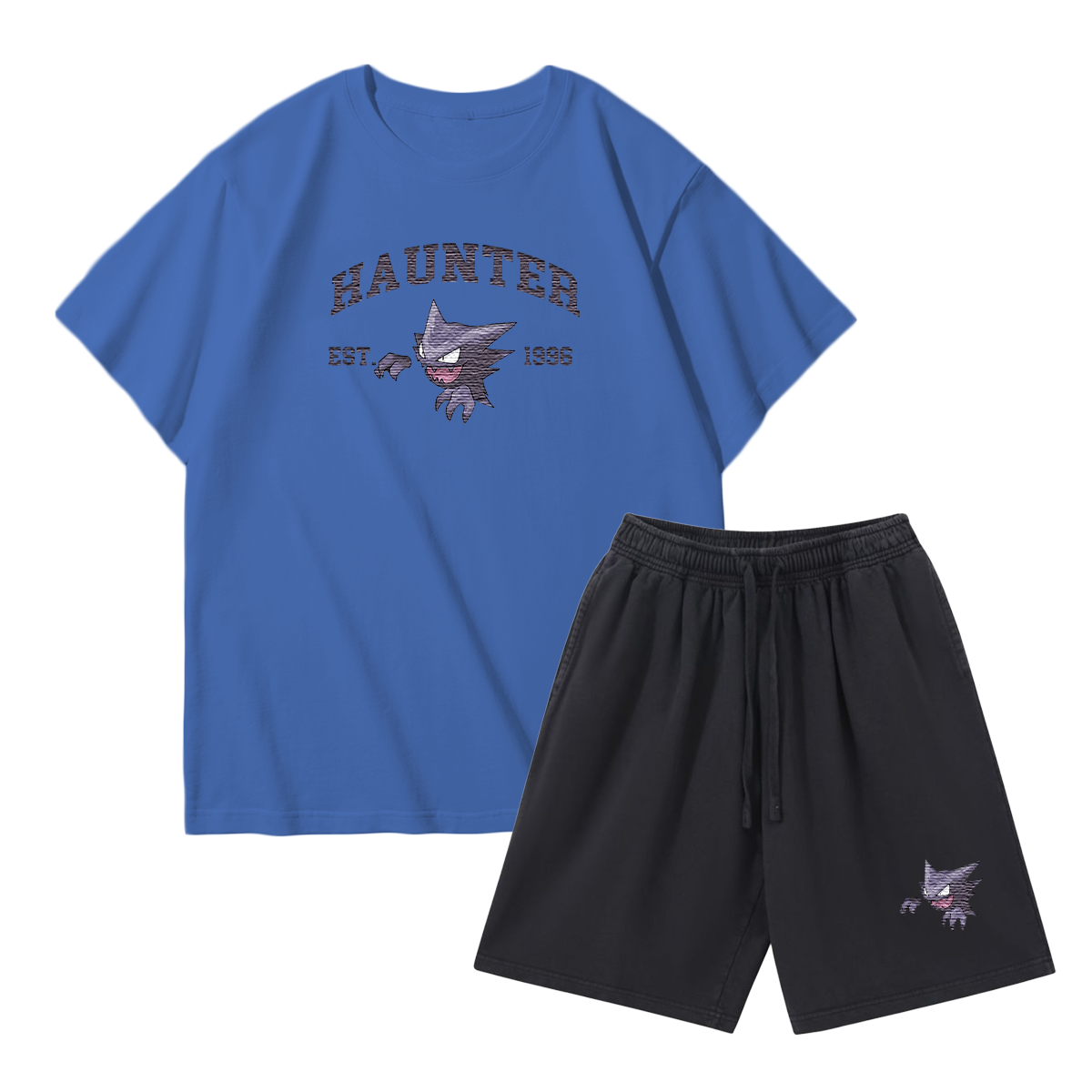 HAUNTER Custom Embroidered Pokémon T-shirt & Shorts Set – Cute Anime Design,Perfect for Pajamas,Loungewear,Casual Outings,Commuting,and Summer Gift for Friends,TS-09