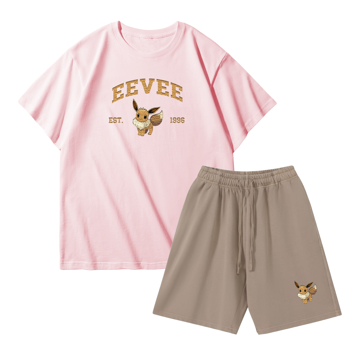 EEVEE Custom Embroidered Pokémon T-shirt & Shorts Set – Cute Anime Design,Perfect for Pajamas,Loungewear,Casual Outings,Commuting,and Summer Gift for Friends,TS-07