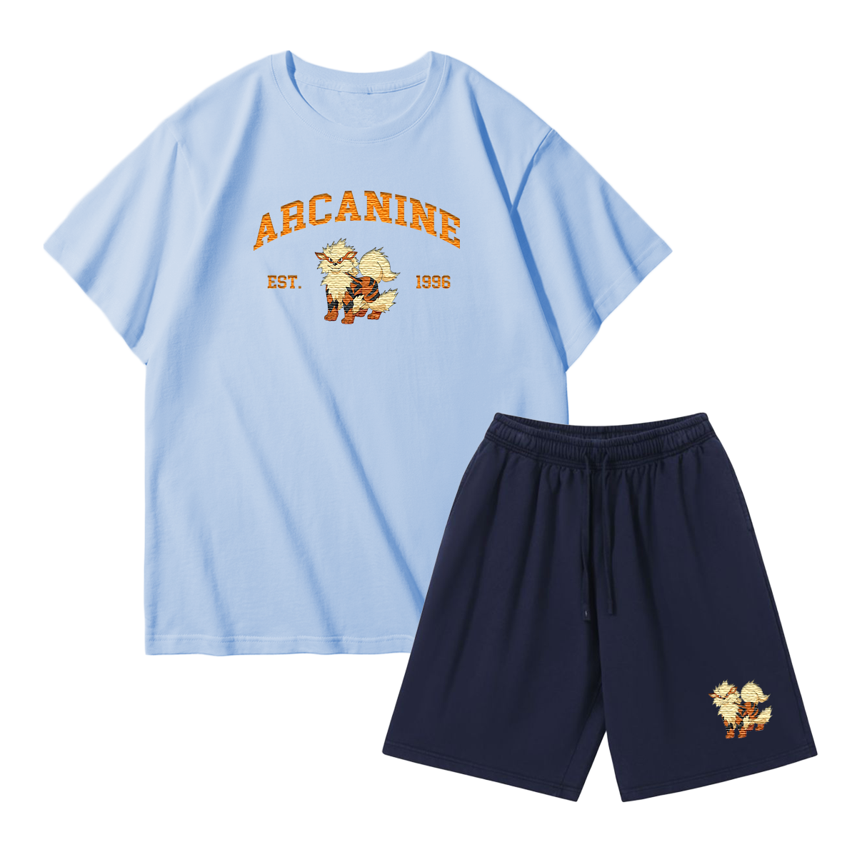 ARCANINE Custom Embroidered Pokémon T-shirt & Shorts Set – Cute Anime Design,Perfect for Pajamas,Loungewear,Casual Outings,Commuting,and Summer Gift for Friends,TS-05