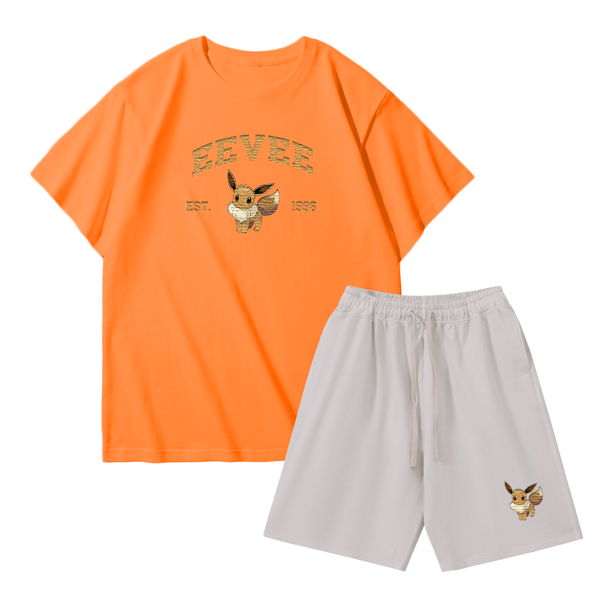 EEVEE Custom Embroidered Pokémon T-shirt & Shorts Set – Cute Anime Design,Perfect for Pajamas,Loungewear,Casual Outings,Commuting,and Summer Gift for Friends,TS-07
