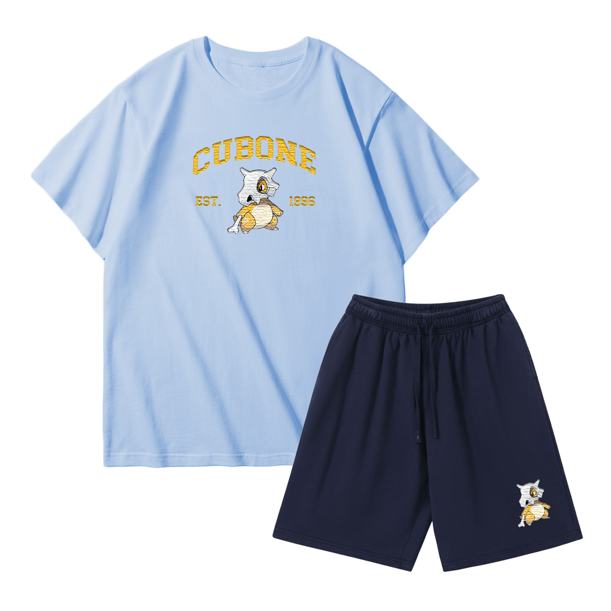CUBONE Custom Embroidered Pokémon T-shirt & Shorts Set – Cute Anime Design,Perfect for Pajamas,Loungewear,Casual Outings,Commuting,and Summer Gift for Friends,TS-04
