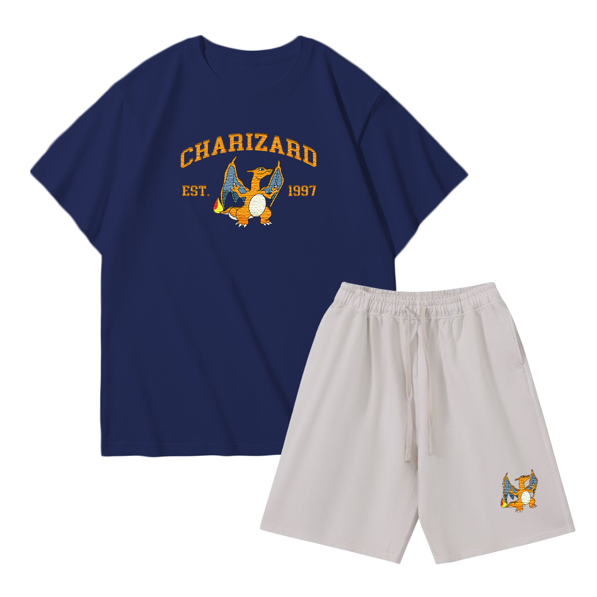 CHARIZARD Custom Embroidered Pokémon T-shirt & Shorts Set – Cute Anime Design,Perfect for Pajamas,Loungewear,Casual Outings,Commuting,and Summer Gift for Friends,TS-02