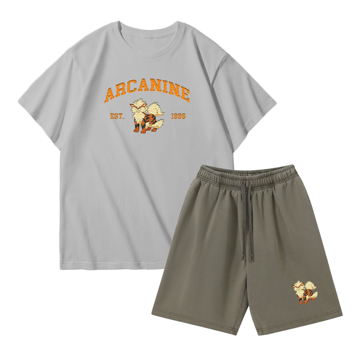 ARCANINE Custom Embroidered Pokémon T-shirt & Shorts Set – Cute Anime Design,Perfect for Pajamas,Loungewear,Casual Outings,Commuting,and Summer Gift for Friends,TS-05