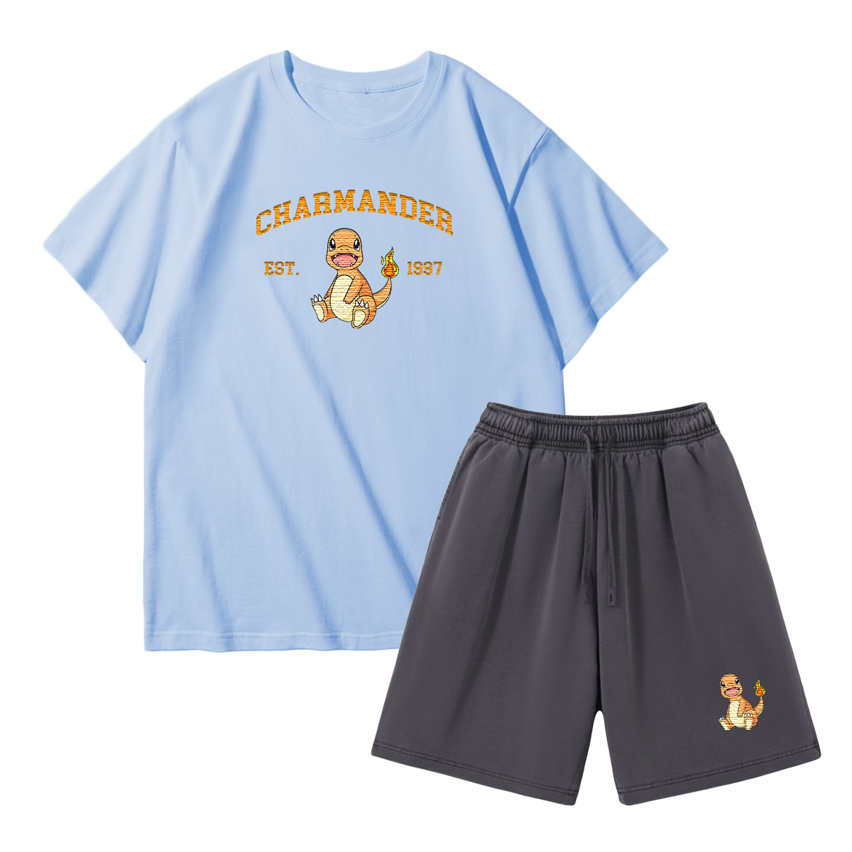 CHARMANDER Custom Embroidered Pokémon T-shirt & Shorts Set – Cute Anime Design,Perfect for Pajamas,Loungewear,Casual Outings,Commuting,and Summer Gift for Friends,TS-03
