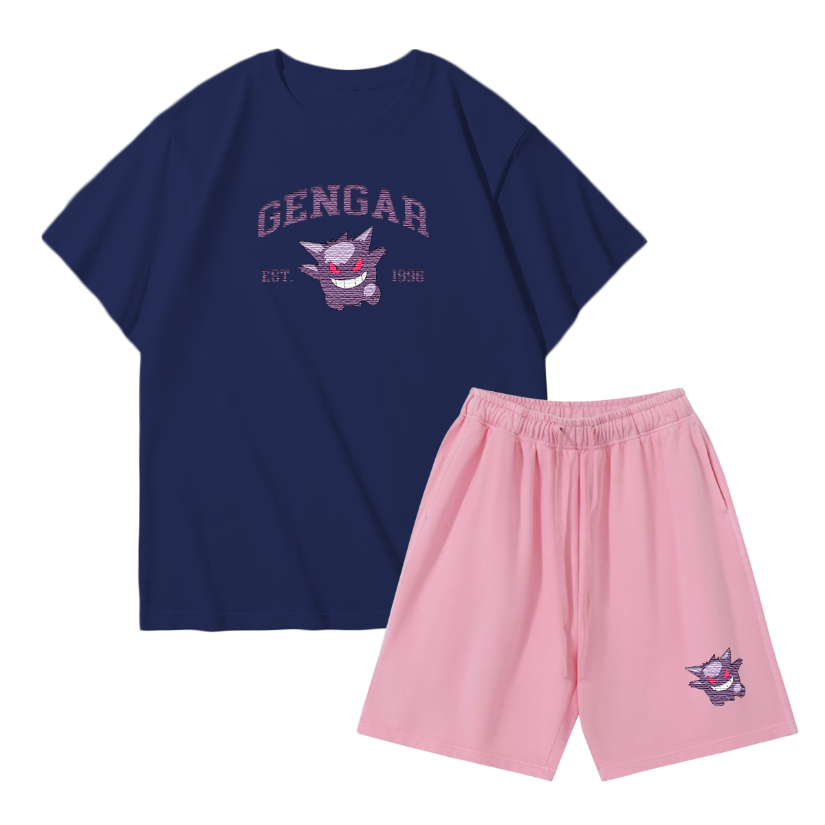 GENGAR Custom Embroidered Pokémon T-shirt & Shorts Set – Cute Anime Design,Perfect for Pajamas,Loungewear,Casual Outings,Commuting,and Summer Gift for Friends,TS-08