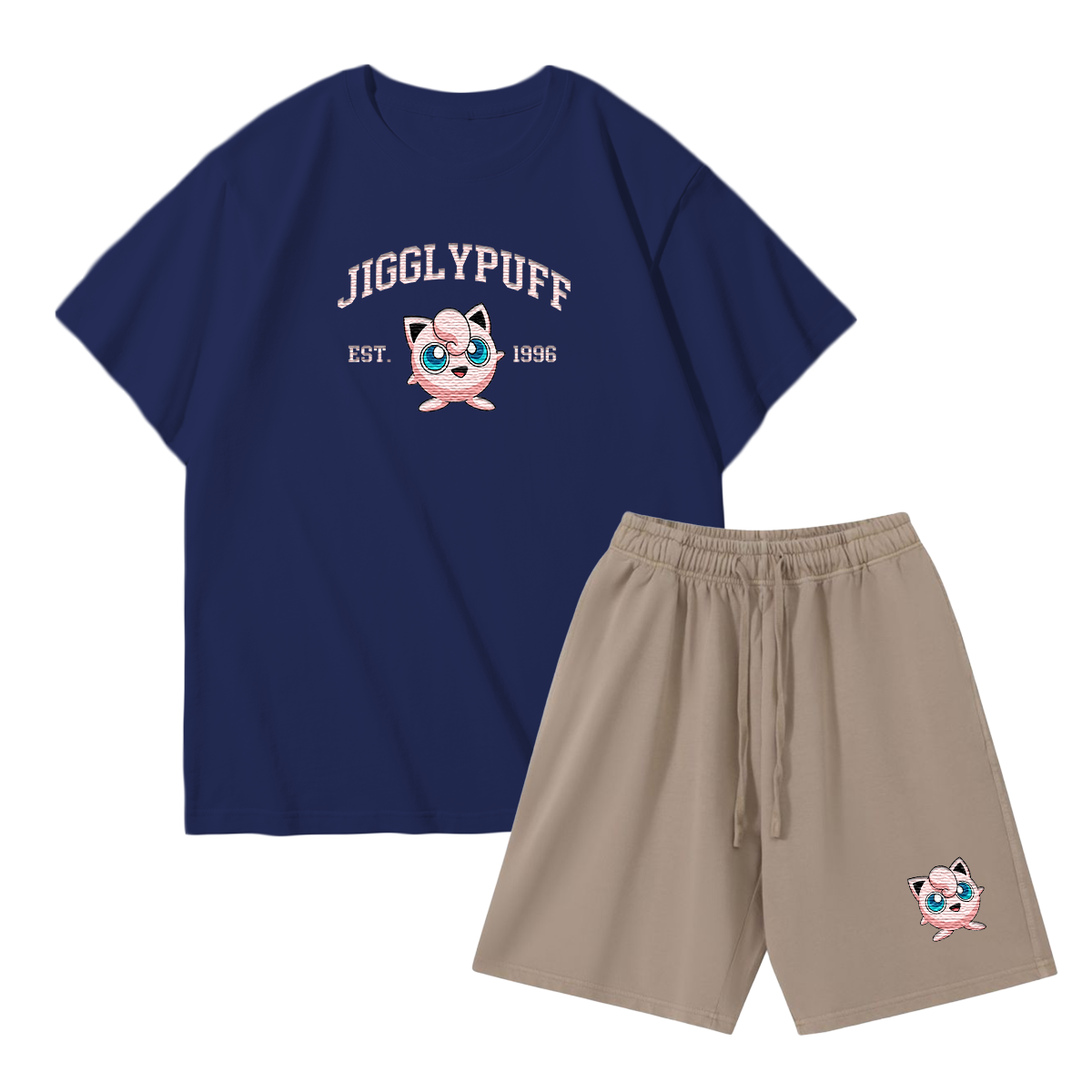 JIGGLYPUFF Custom Embroidered Pokémon T-shirt & Shorts Set – Cute Anime Design,Perfect for Pajamas,Loungewear,Casual Outings,Commuting,and Summer Gift for Friends,TS-10