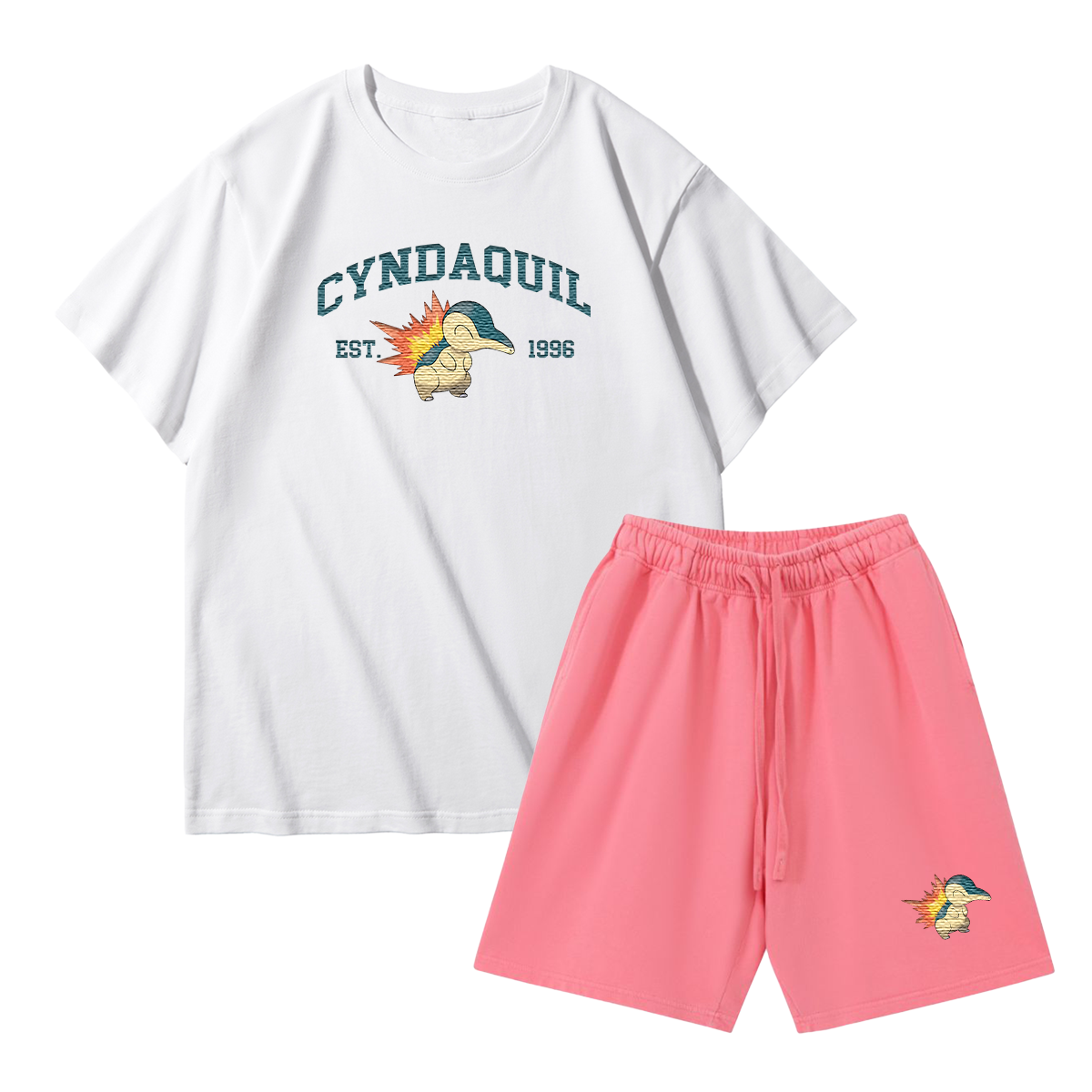 CYNDAQUIL Custom Embroidered Pokémon T-shirt & Shorts Set – Cute Anime Design,Perfect for Pajamas,Loungewear,Casual Outings,Commuting,and Summer Gift for Friends,TS-06